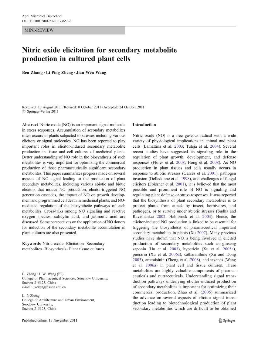 Pdf Nitric Oxide Elicitation For Secondary Metabolite Production In Cultured Plant Cells