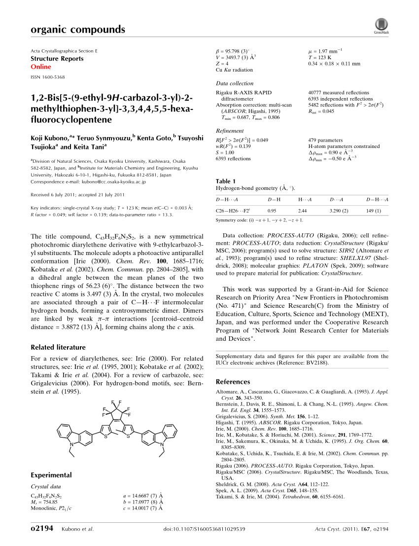 Pdf 1 2 Bis 5 9 Ethyl 9h Carbazol 3 Yl 2 Methylthiophen 3 Yl 3 3 4 4 5 5 Hexafluorocyclopentene