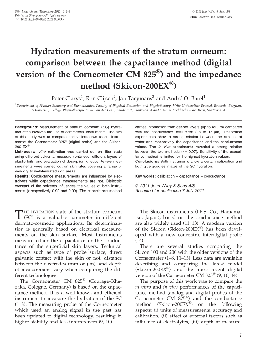 Pdf Hydration Measurements Of The Stratum Corneum Comparison Between The Capacitance Method Digital Version Of The Corneometer Cm 5 R And The Impedance Method Skicon 0ex R