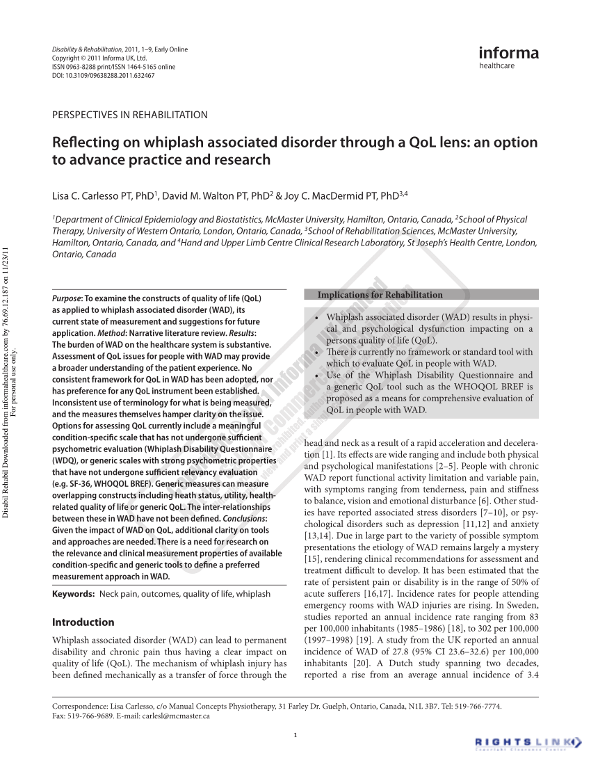 Pdf Reflecting On Whiplash Associated Disorder Through A Qol Lens