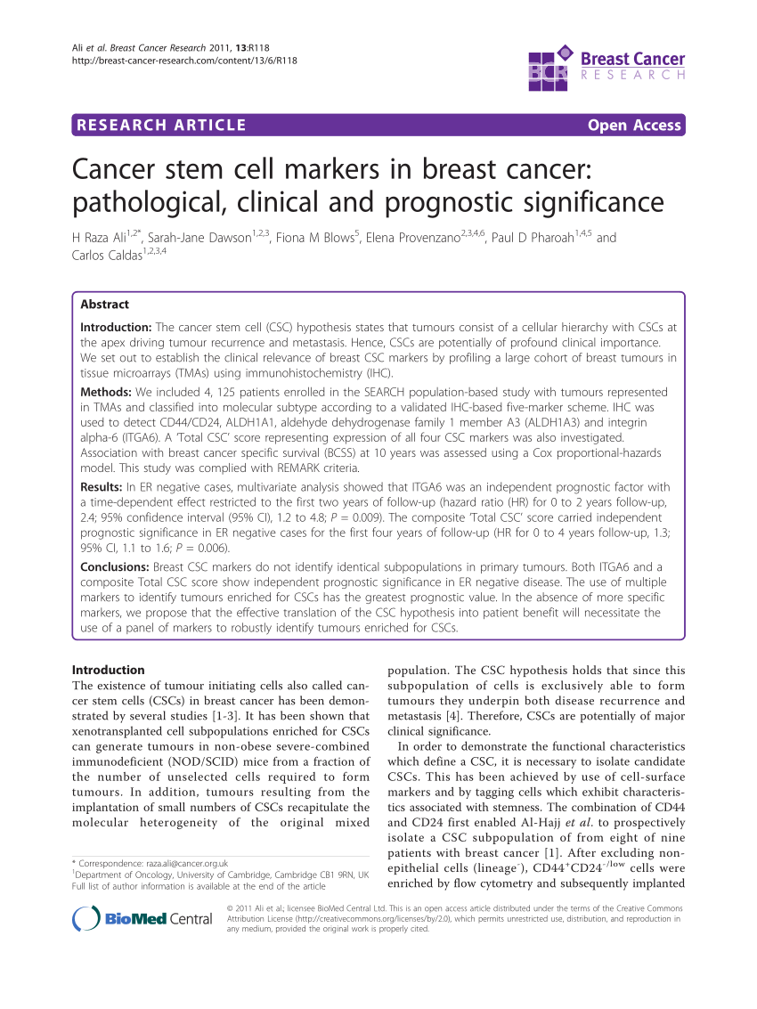 (PDF) Cancer stem cell markers in breast cancer: Pathological, clinical ...