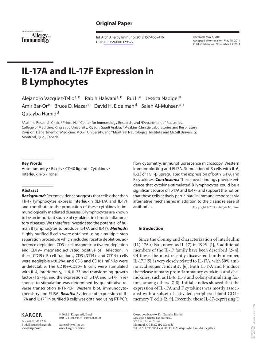 Pdf Il 17a And Il 17f Expression In B Lymphocytes