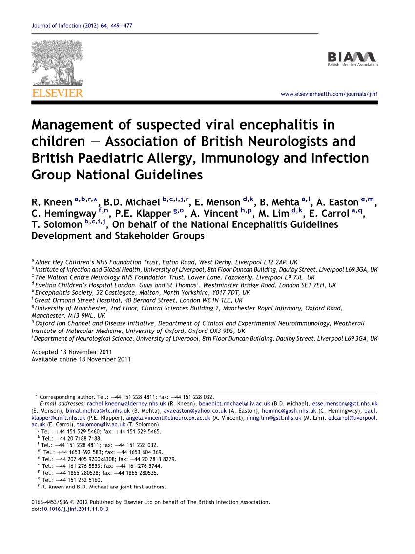 Pdf Management Of Suspected Viral Encephalitis In Children Association Of British Neurologists And British Paediatric Allergy Immunology And Infection Group National Guidelines