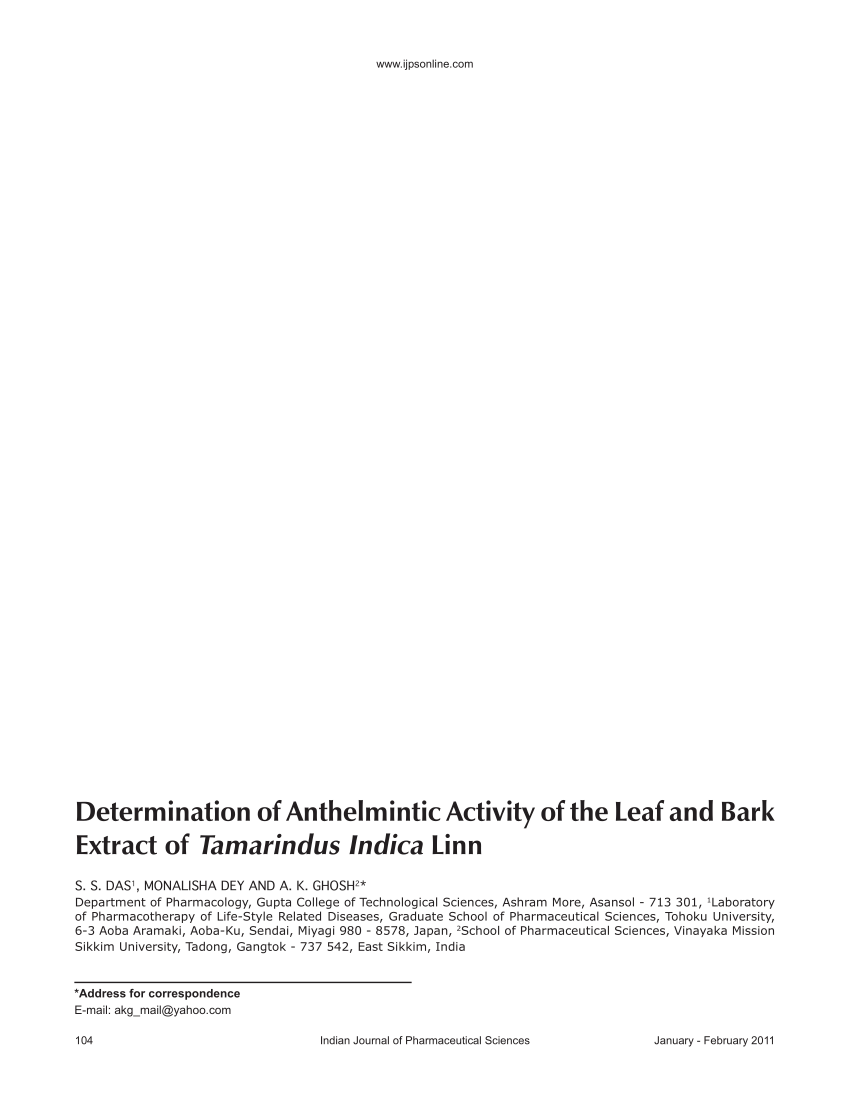 anthelmintic activity of tamarindus indica