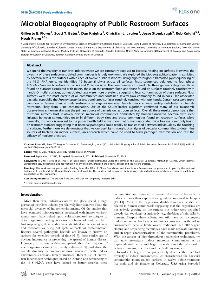 Pdf Microbial Biogeography Of Public Restroom Surfaces