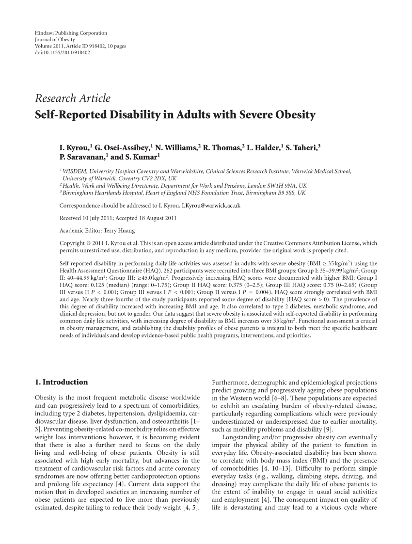 Pdf Self Reported Disability In Adults With Severe Obesity