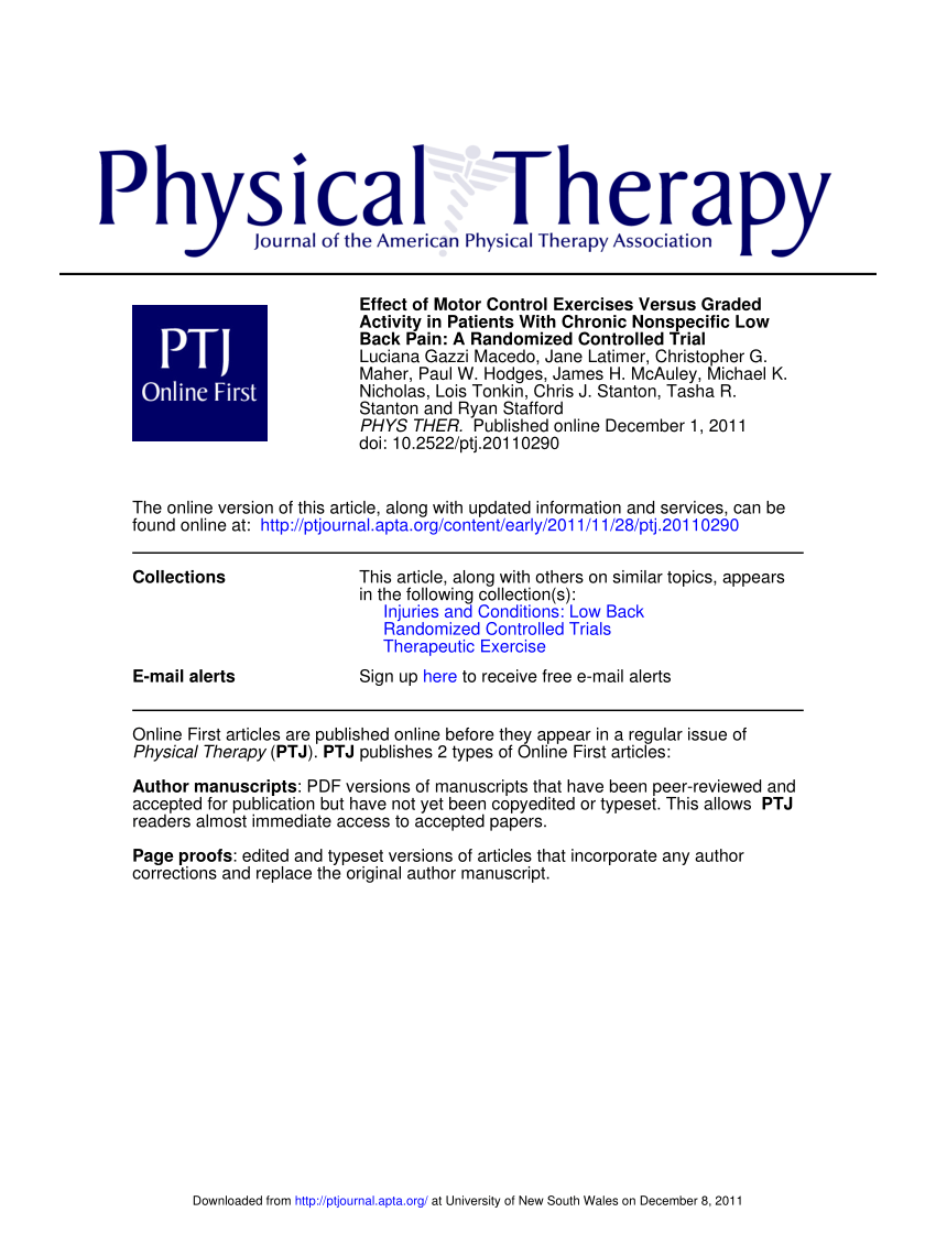 Pdf Effect Of Motor Control Exercises Versus Graded Activity In Patients With Chronic Nonspecific Low Back Pain A Randomized Controlled Trial