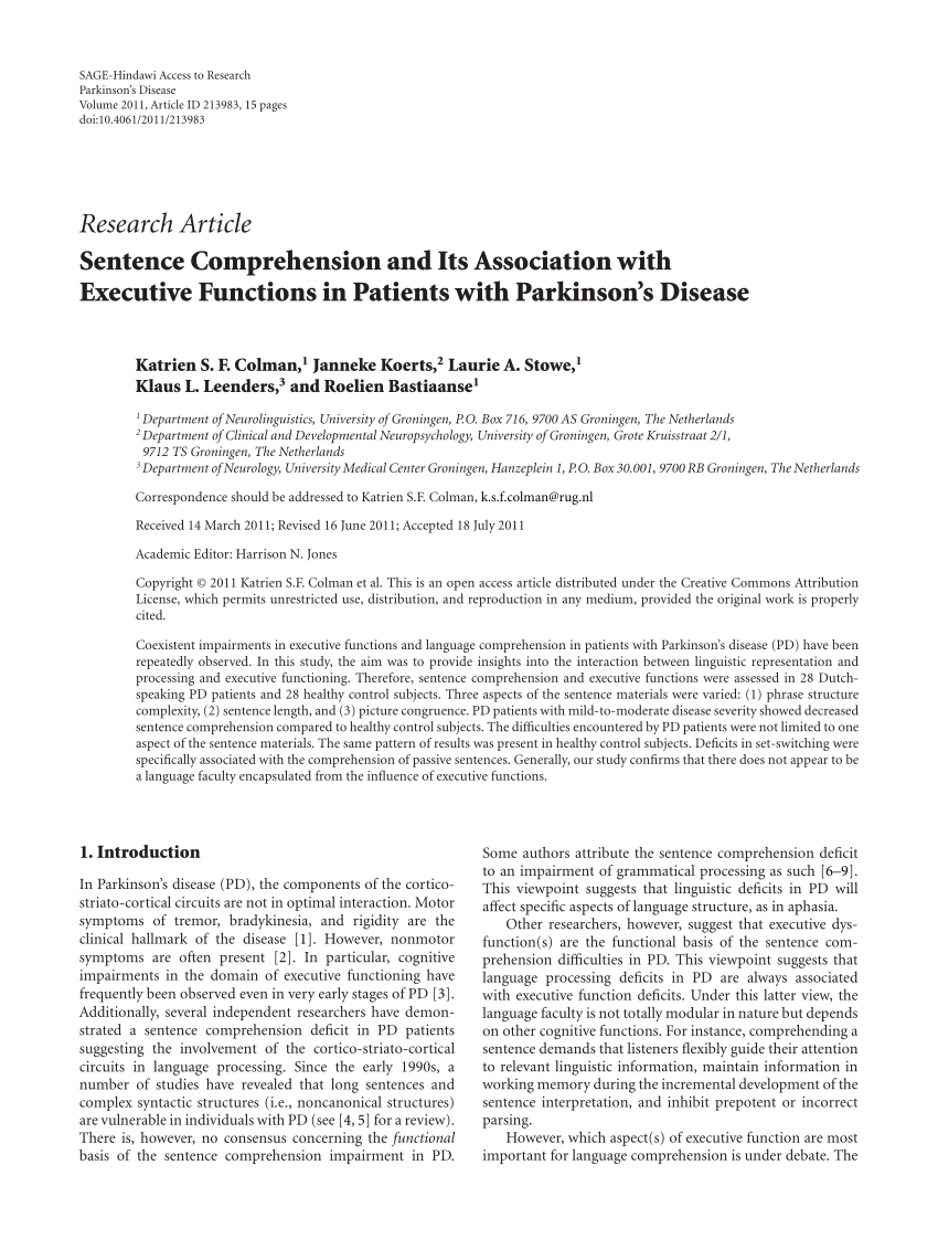 vluchtelingen steak Kwijtschelding PDF) Sentence Comprehension and Its Association with Executive Functions in  Patients with Parkinson's Disease