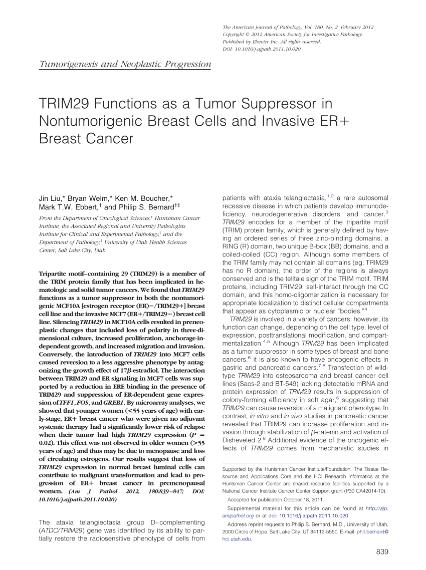 Pdf Trim29 Functions As A Tumor Suppressor In Nontumorigenic Breast Cells And Invasive Er