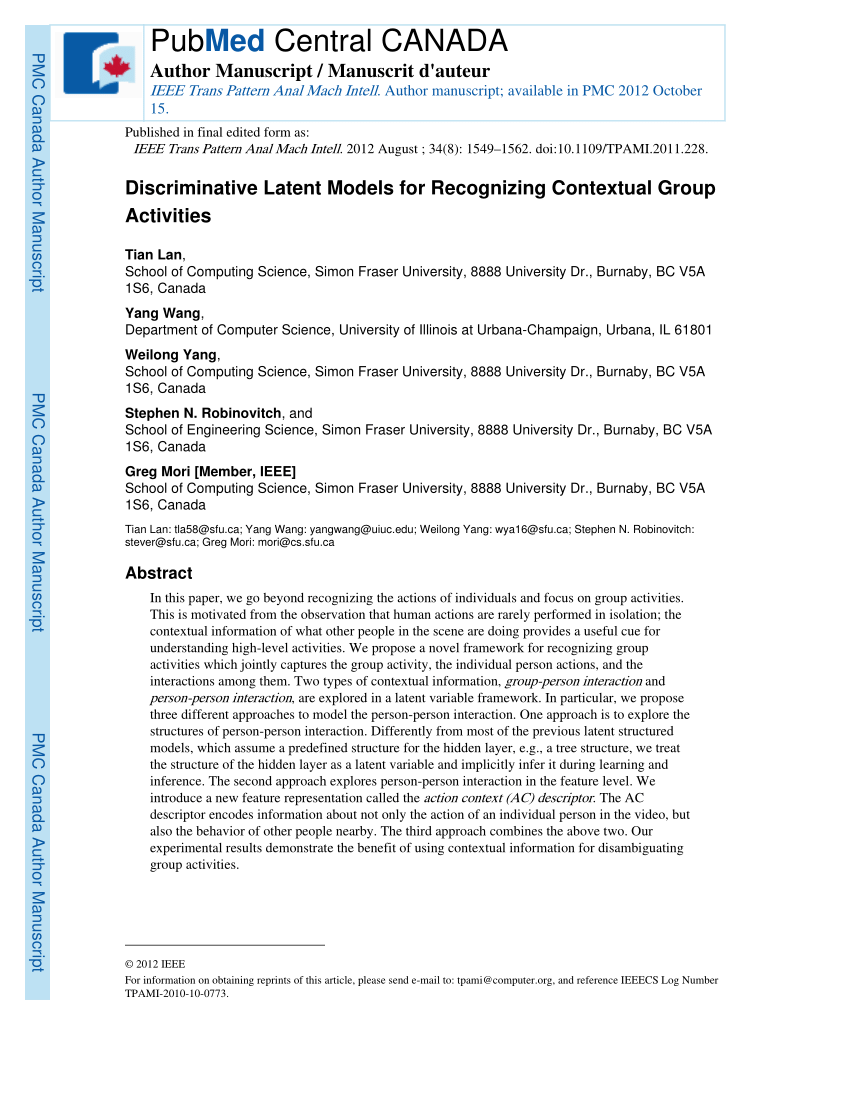 Pdf Discriminative Latent Models For Recognizing Contextual Group Activities