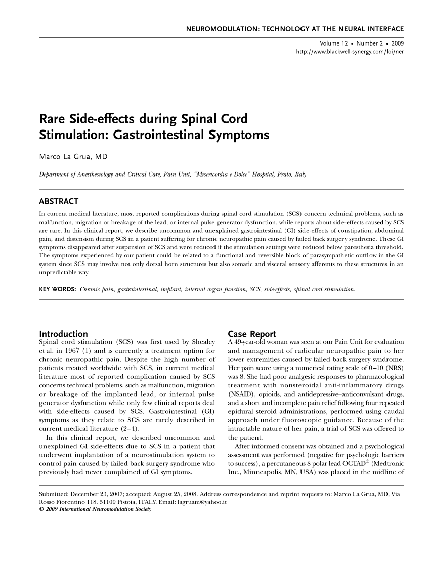 (PDF) Rare Sideeffects during Spinal Cord Stimulation Gastrointestinal Symptoms
