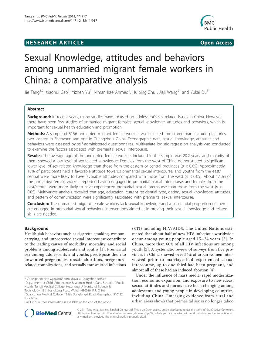 PDF) Sexual Knowledge, attitudes and behaviors among unmarried migrant female workers in China A comparative analysis