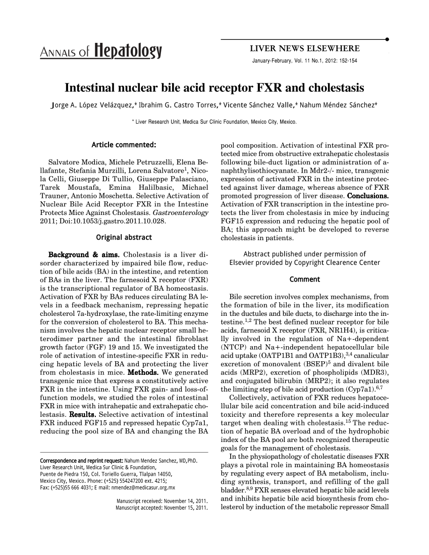 PDF) Intestinal nuclear bile acid receptor FXR and cholestasis