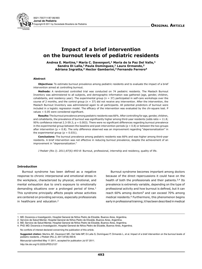 PDF) Impact of a brief intervention on the burnout levels of pediatric  residents
