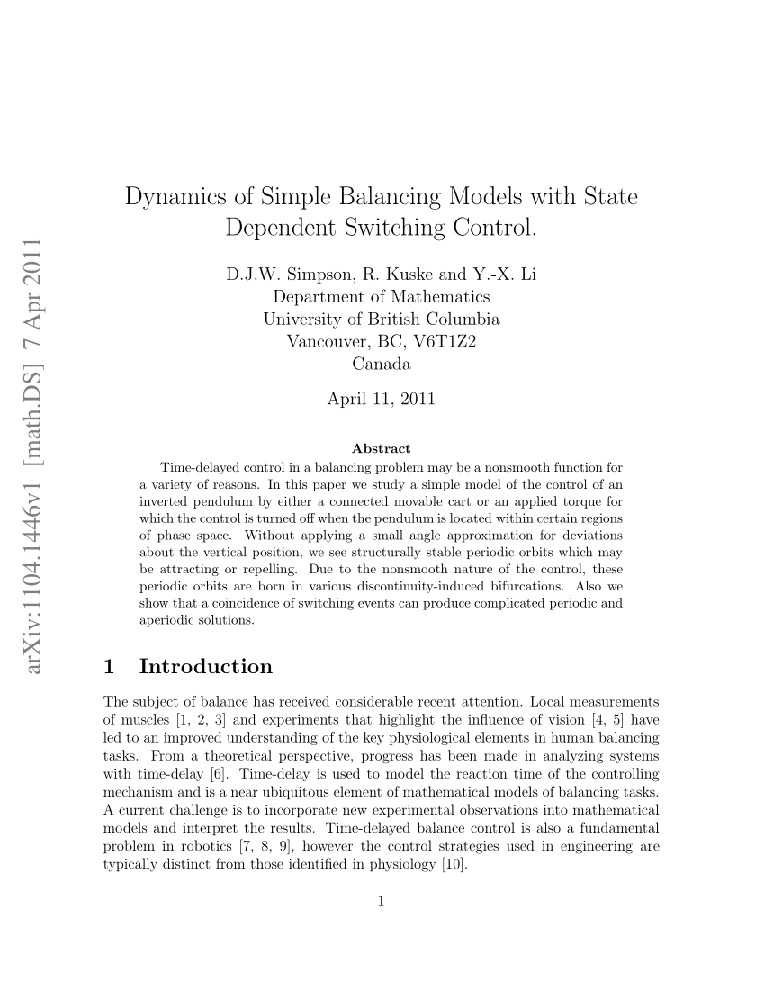 Pdf Dynamics Of Simple Balancing Models With State Dependent Switching Control 4325