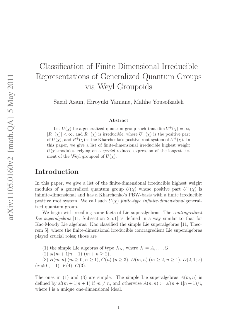 Pdf Classification Of Finite Dimensional Irreducible Representations Of Generalized Quantum Groups Via Weyl Groupoids