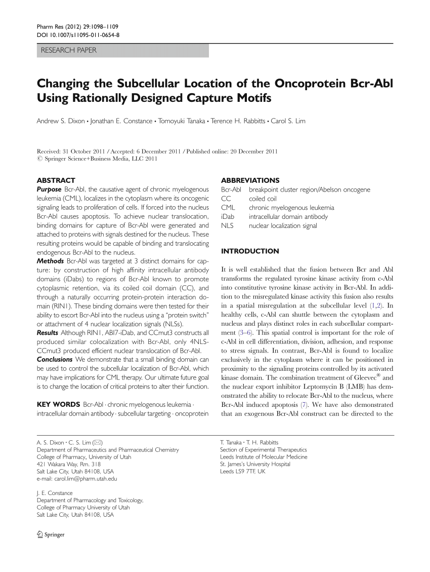 Pdf Changing The Subcellular Location Of The Oncoprotein Bcr Abl