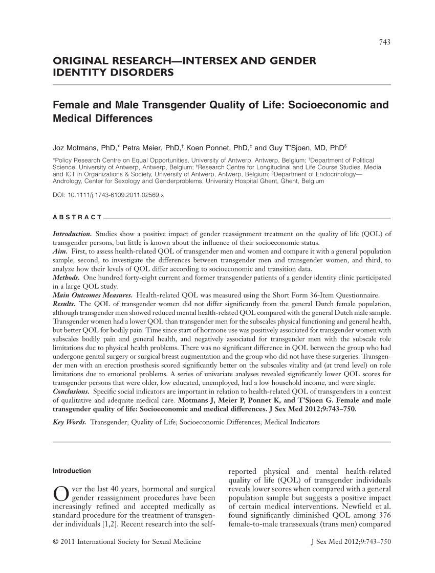 PDF) Female and Male Transgender Quality of Life: Socioeconomic and Medical  Differences