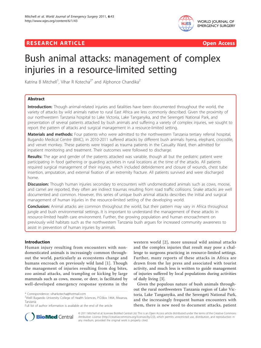 PDF) Bush animal attacks: Management of complex injuries in a  resource-limited setting