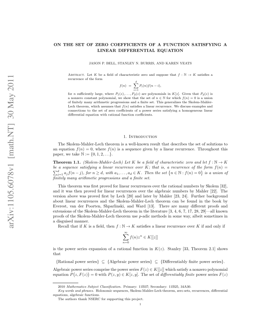 Pdf On The Set Of Zero Coefficients Of A Function Satisfying A Linear Differential Equation