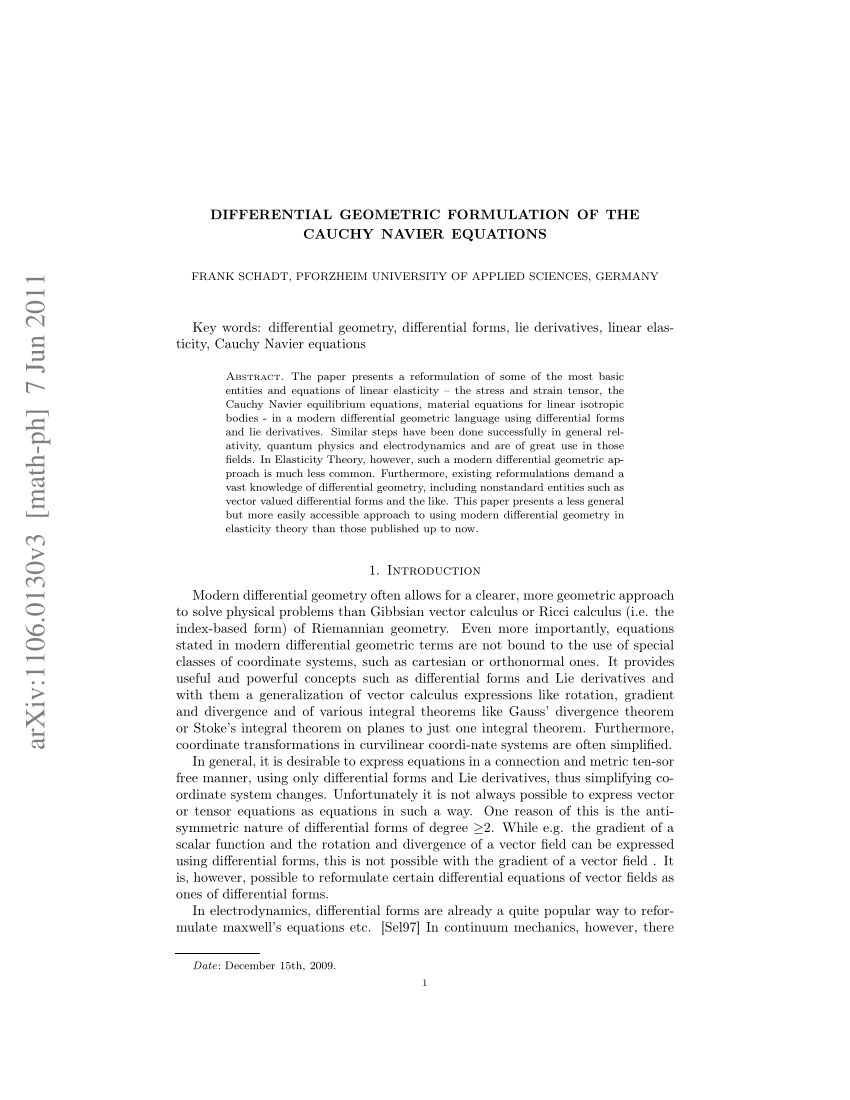 (PDF) Differential geometric formulation of the Cauchy Navier equations