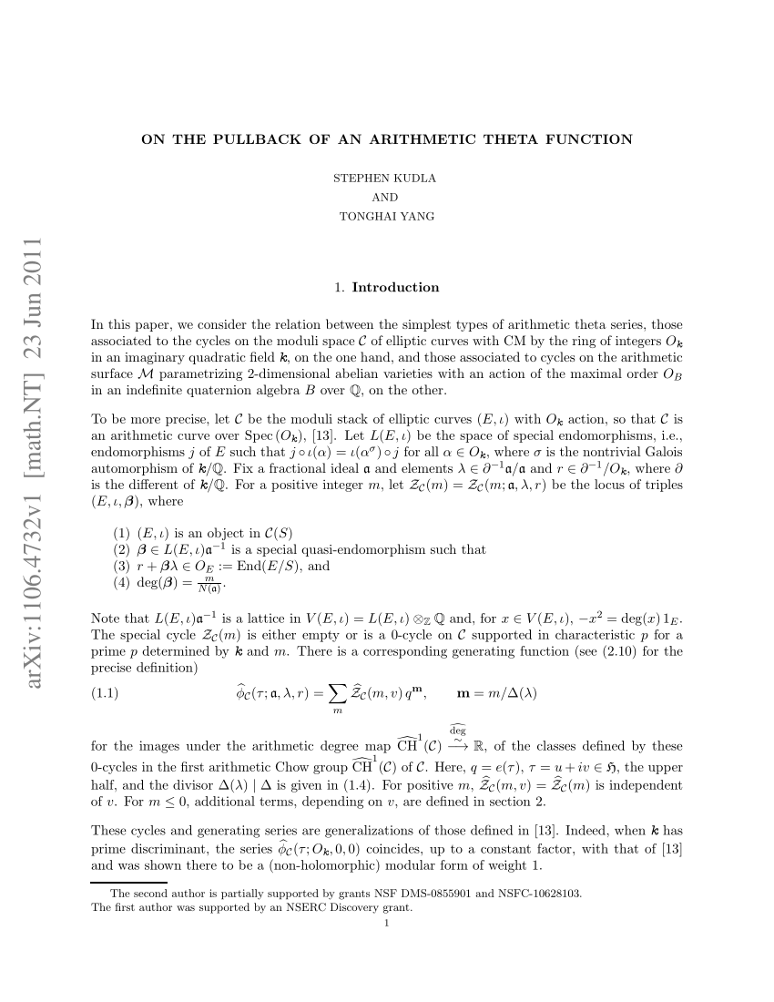 Pdf On The Pullback Of An Arithmetic Theta Function