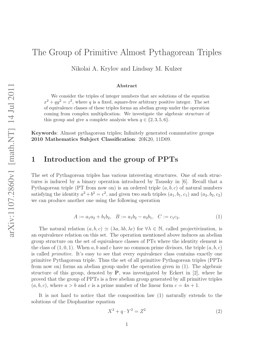 Pdf The Group Of Primitive Almost Pythagorean Triples