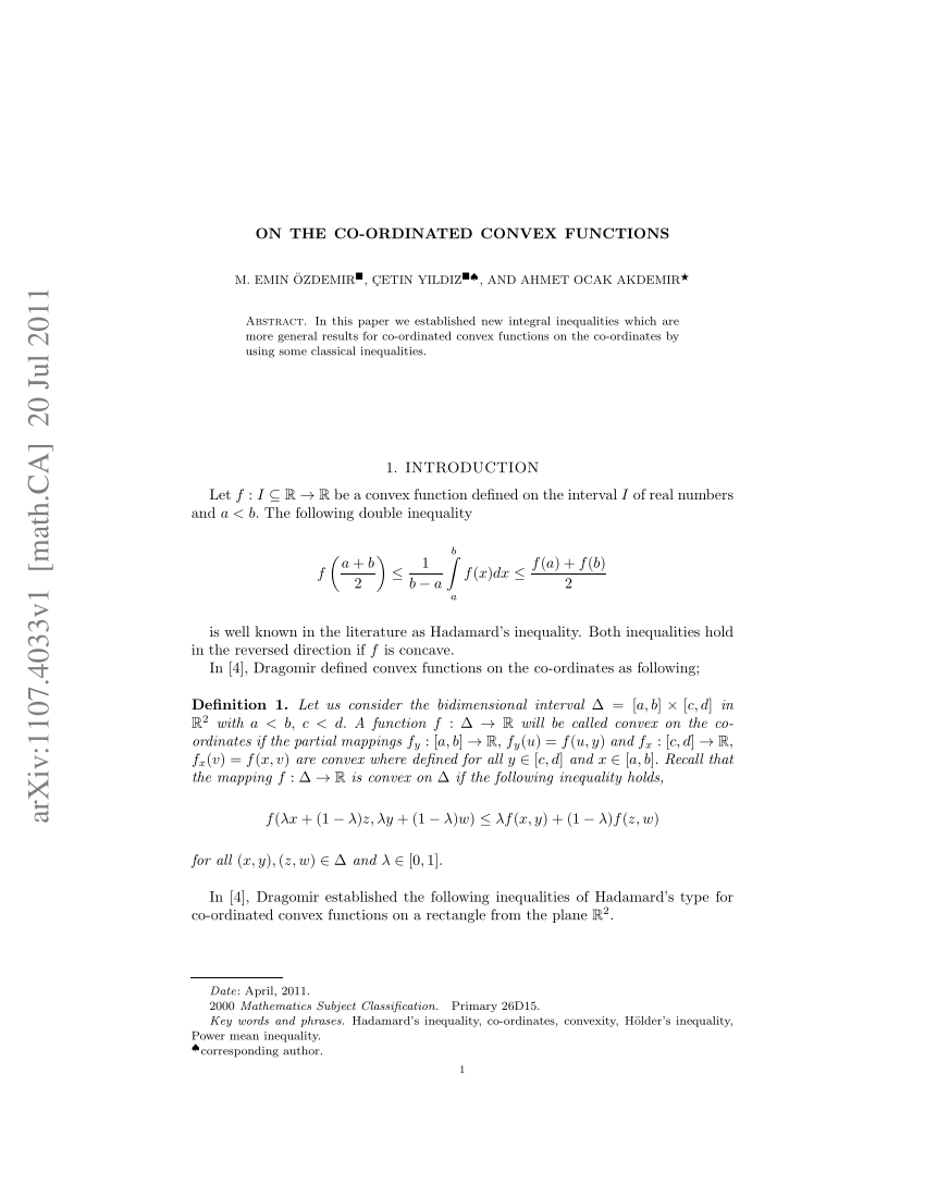 Pdf On The Co Ordinated Convex Functions