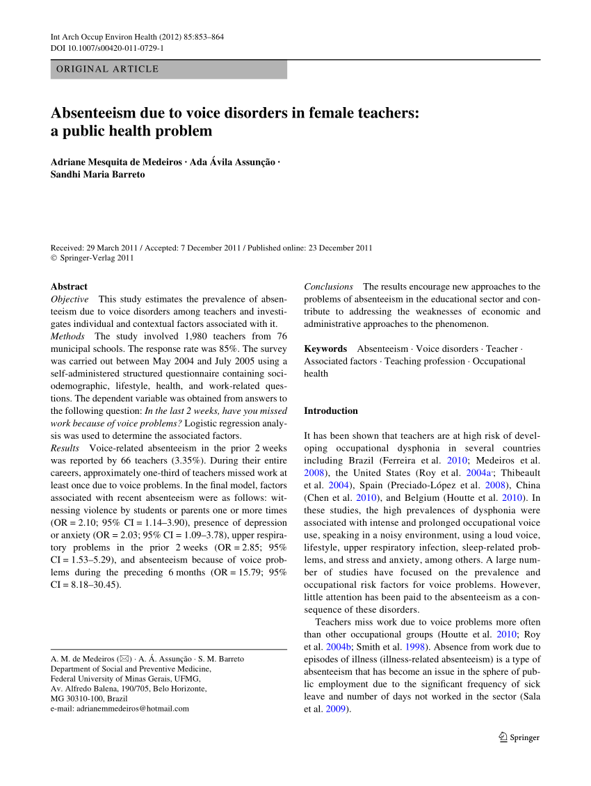 PDF Absenteeism due to voice disorders in female teachers A  