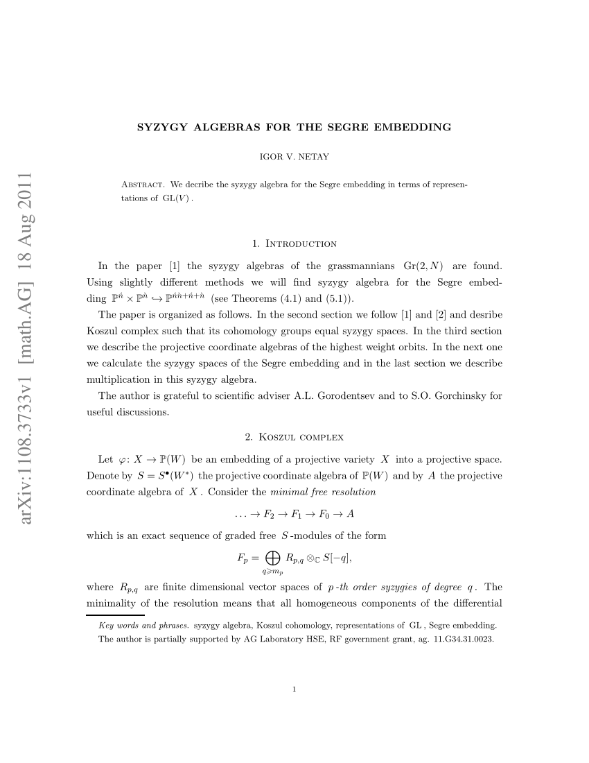 Pdf Syzygy Algebras For Segre Embeddings