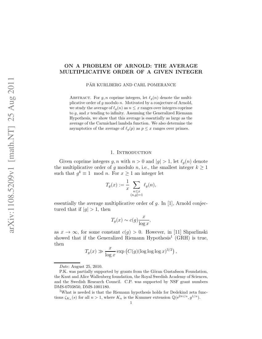 Pdf On A Problem Of Arnold The Average Multiplicative Order Of A Given Integer