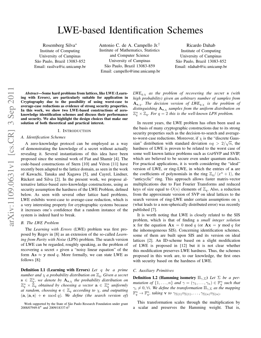 PDF) LWE-based Identification Schemes