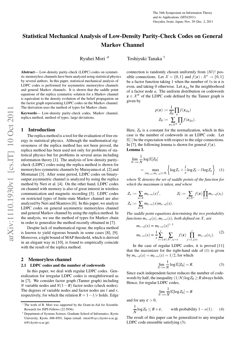 Pdf Statistical Mechanical Analysis Of Low Density Parity Check Codes On General Markov Channel