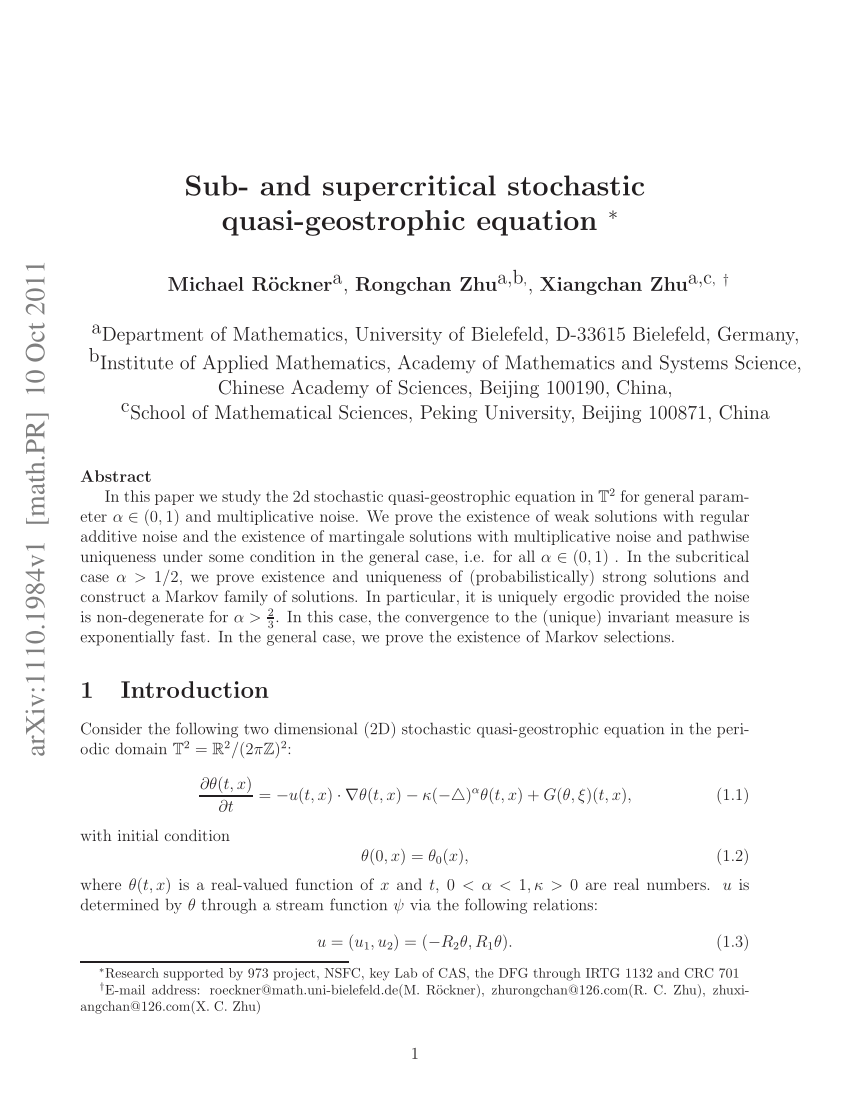 Pdf Sub And Supercritical Stochastic Quasi Geostrophic Equation1