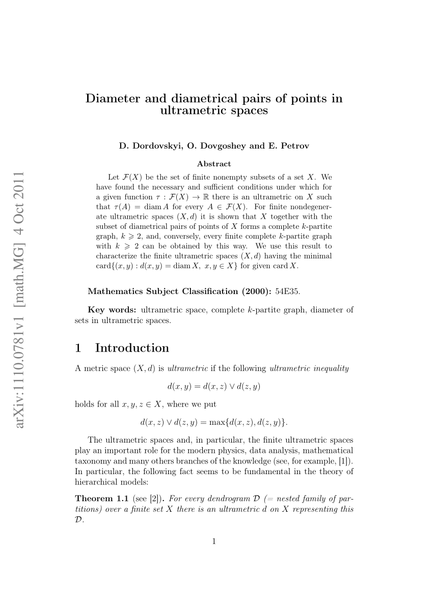 Pdf Diameter And Diametrical Pairs Of Points In Ultrametric Spaces