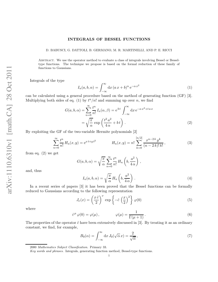 Pdf Integrals Of Bessel Functions