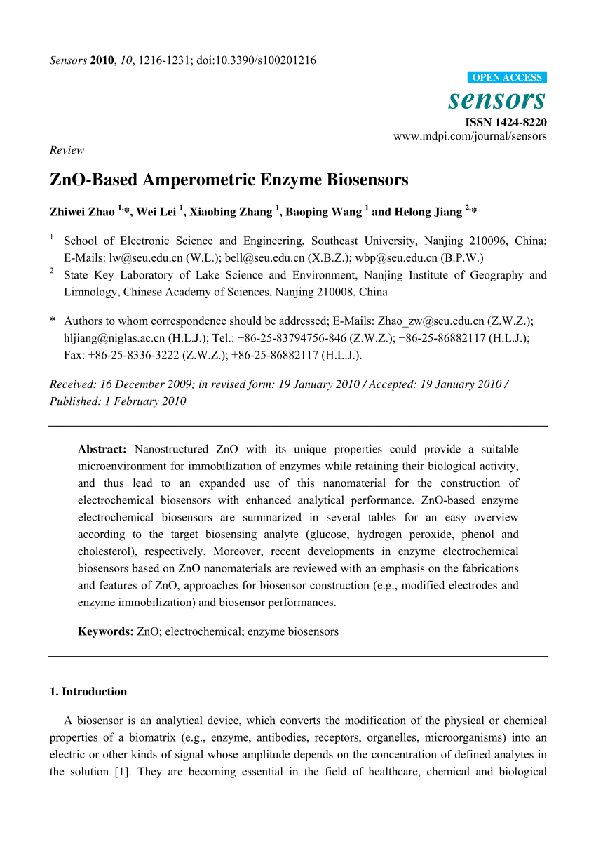 Pdf Zno Based Amperometric Enzyme Biosensors