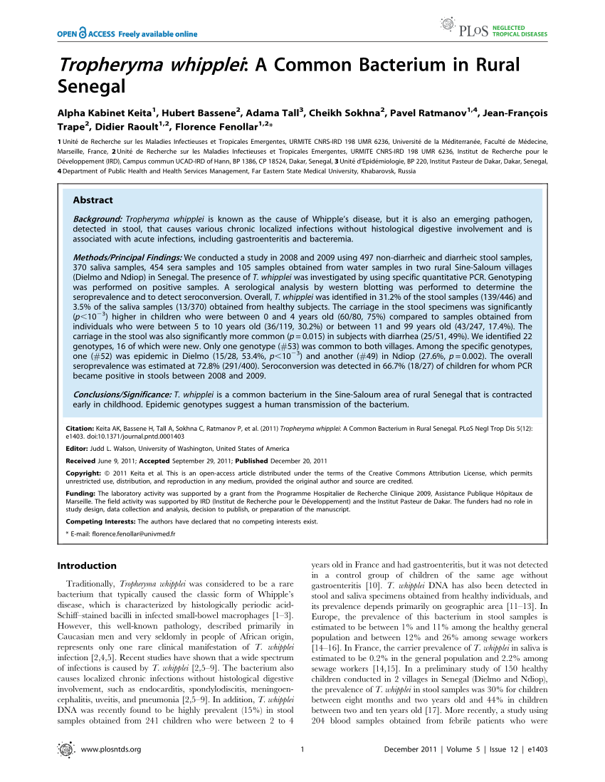 (PDF) Tropheryma whipplei: A Common Bacterium in Rural Senegal
