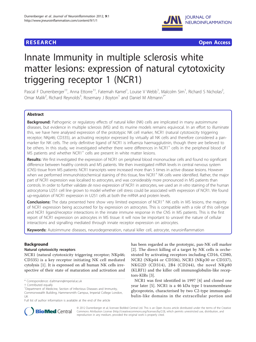 Pdf Innate Immunity In Multiple Sclerosis White Matter Lesions Expression Of Natural