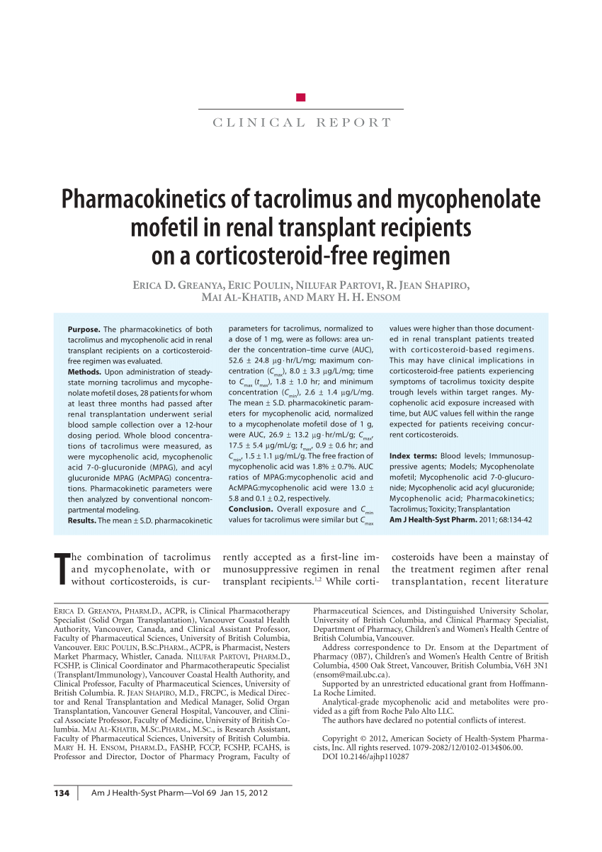 Pdf Pharmacokinetics Of Tacrolimus And Mycophenolate Mofetil In Renal Transplant Recipients On A Corticosteroid Free Regimen
