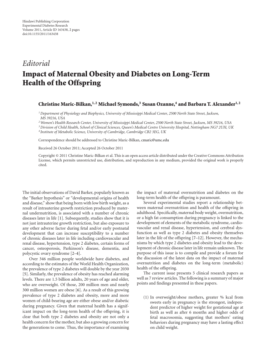 Pdf Impact Of Maternal Obesity And Diabetes On Long Term Health Of The Offspring 5265