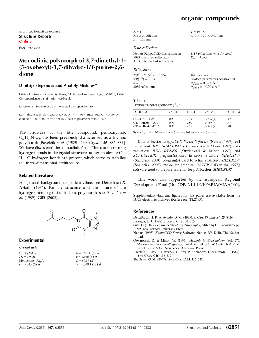 PDF) Monoclinic polymorph of 3,7-dimethyl-1-(5-oxohexyl)-3,7 ...