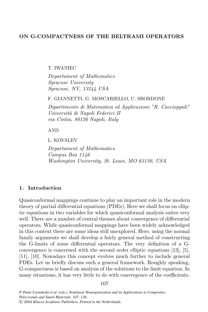 Pdf On G Compactness Of The Beltrami Operators