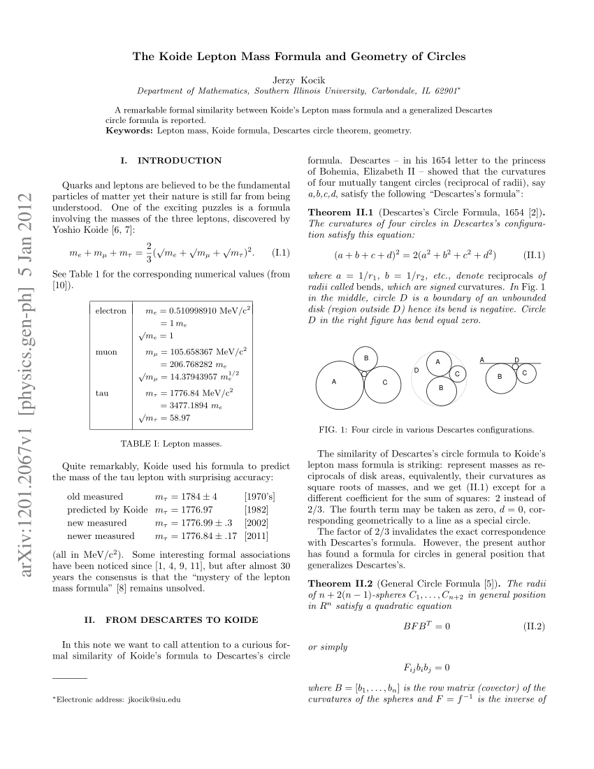 Pdf The Koide Lepton Mass Formula And Geometry Of Circles