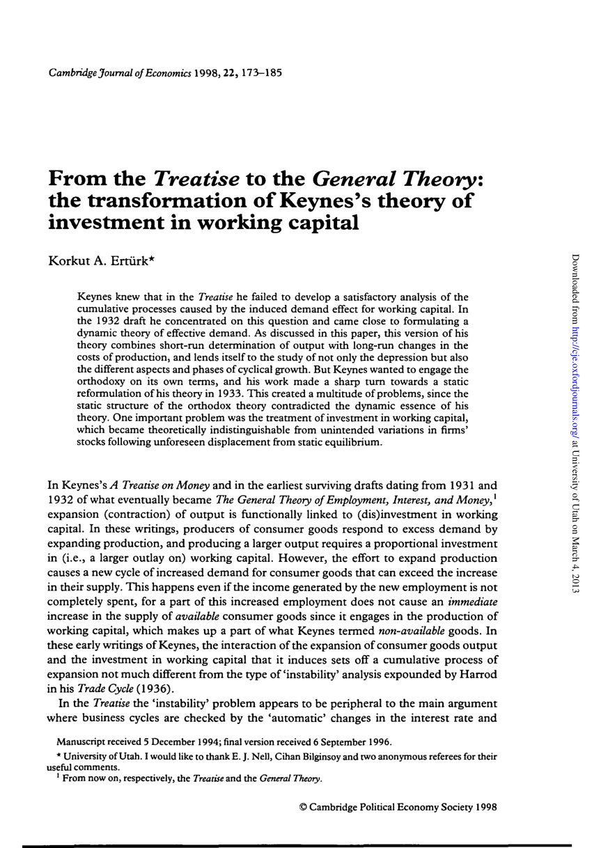 Pdf From The Treatise To The General Theory The Transformation Of Keynes S Theory Of Investment In Working Capital