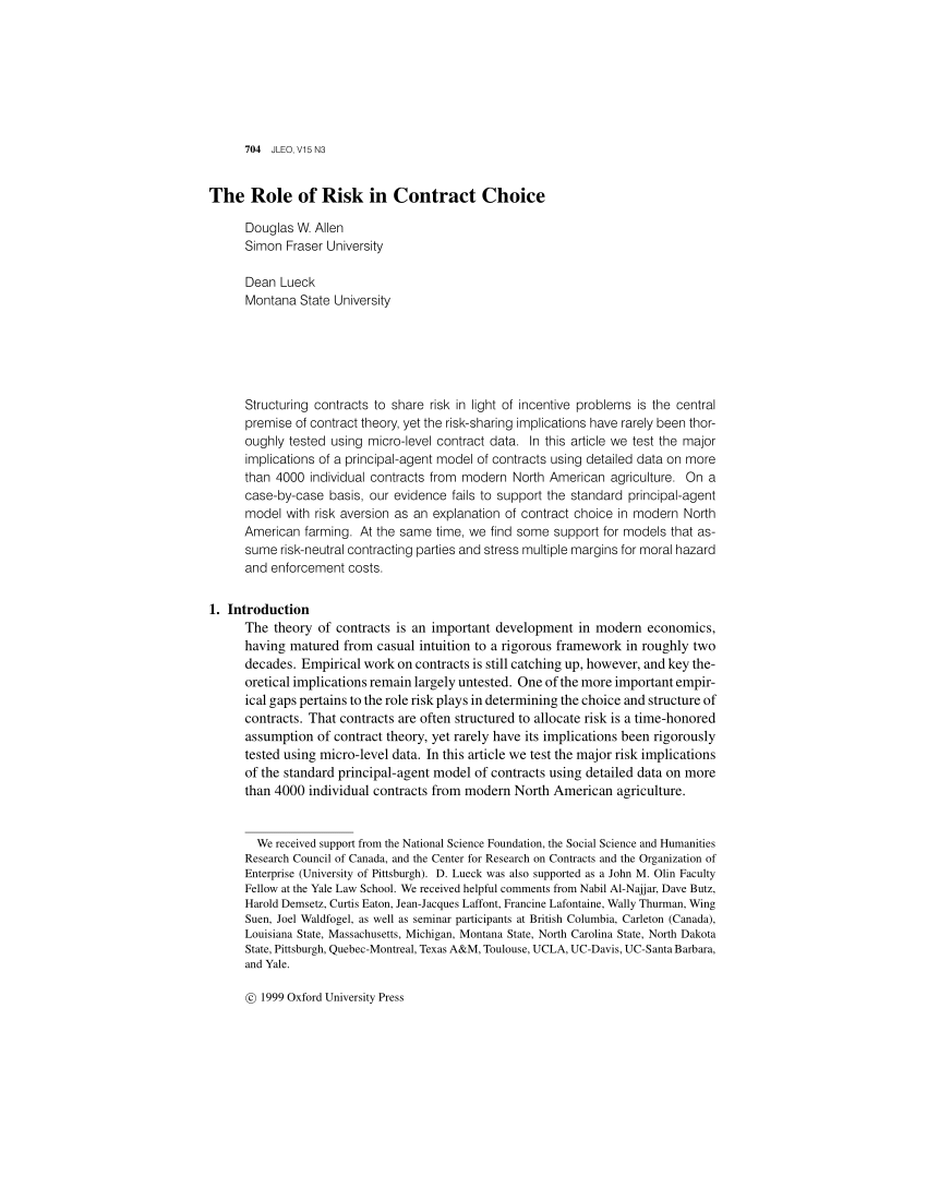 risk contract pdf in Role Risk of (PDF) Choice The Contract