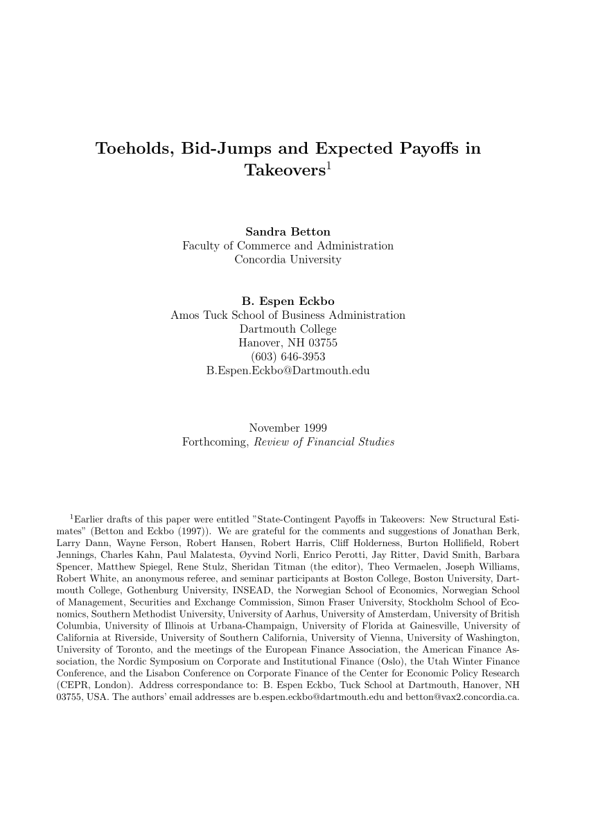 Pdf Toeholds Bid Jumps And Expected Payoffs In Takeovers