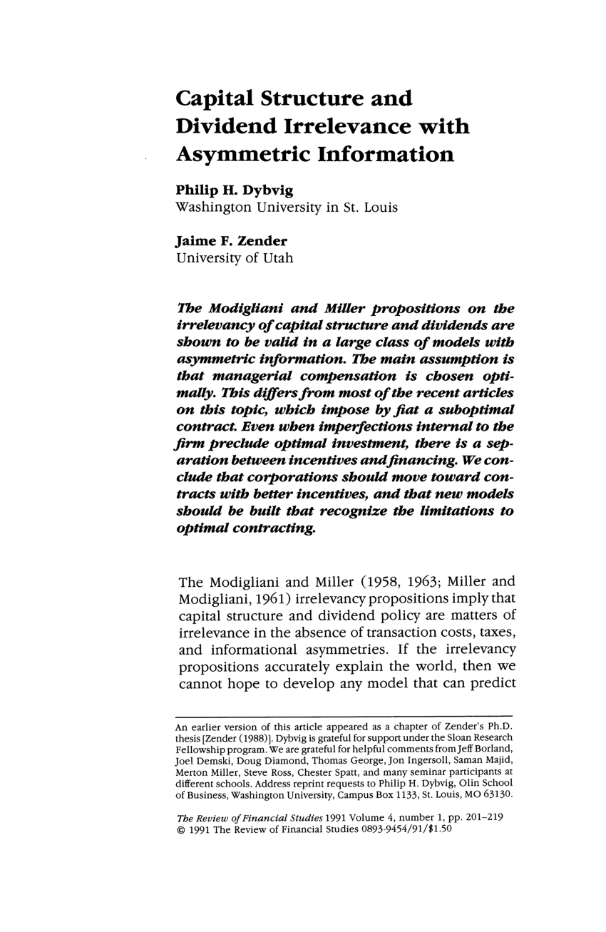 Pdf Capital Structure And Dividend Irrelevance With Asymmetric