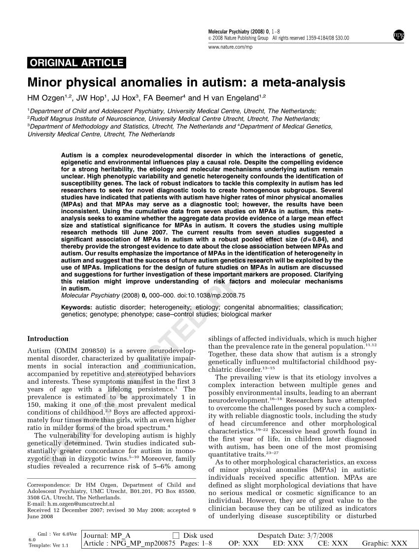 PDF Minor physical anomalies in autism A meta analysis 