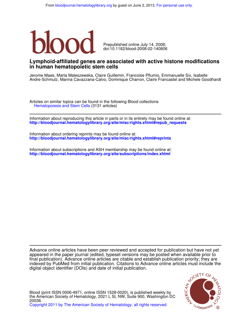 Pdf Lymphoid Affiliated Genes Are Associated With Active Histone Modifications In Human Hematopoietic Stem Cells